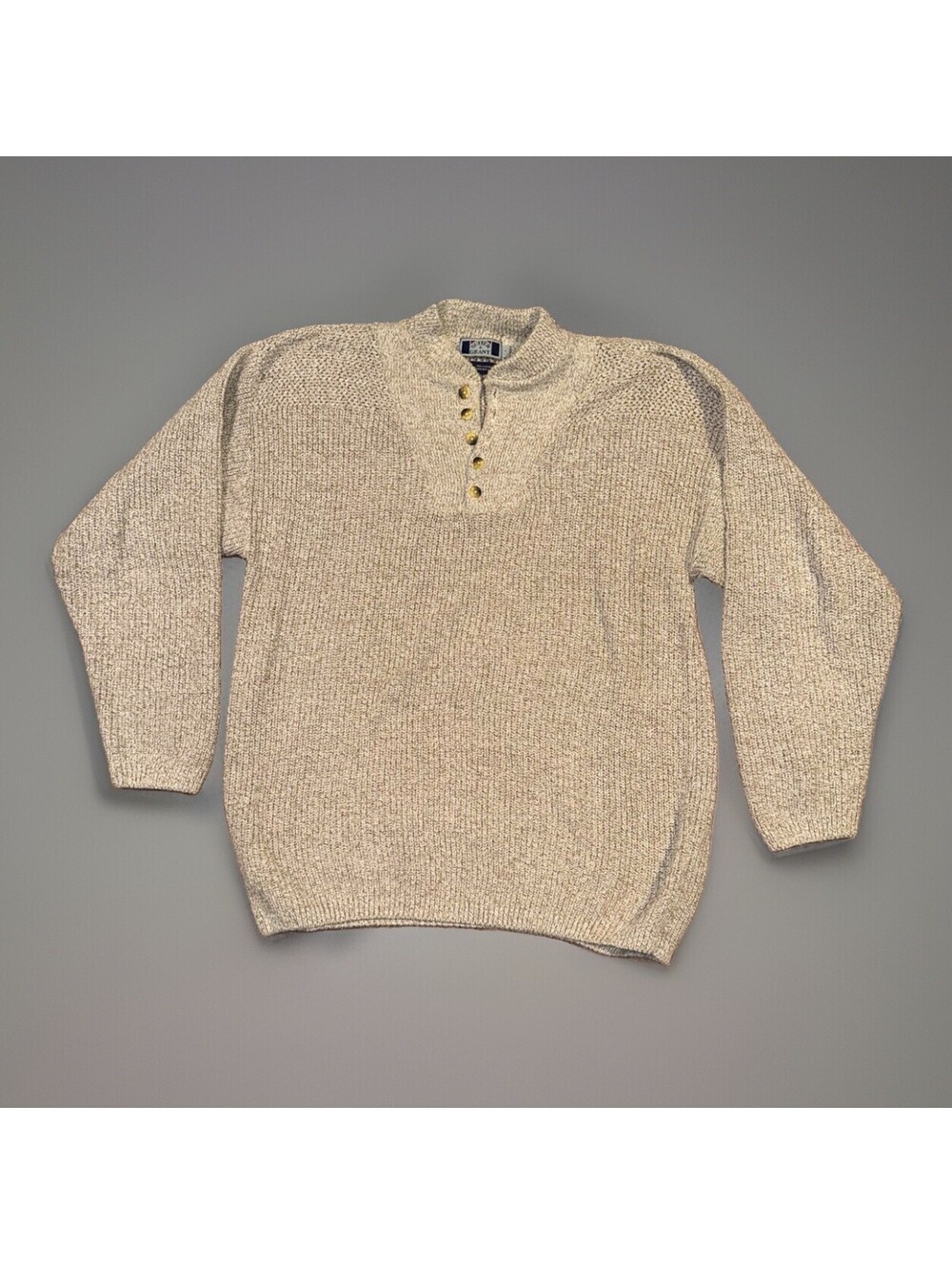 SUTTER & GRANT Men's L Sweater Fisherman Henley Knit Beige XL - Vintage USA